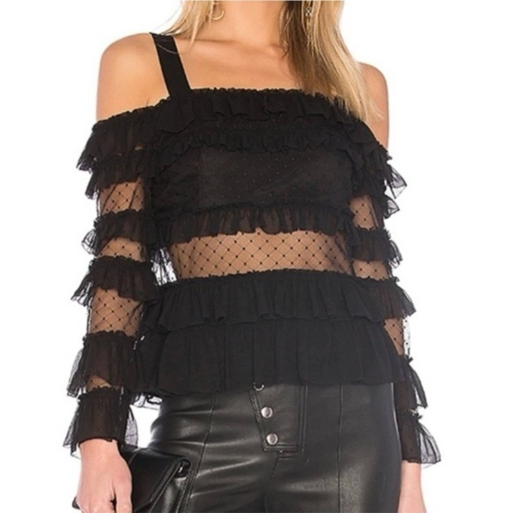 ALEXIS Karissa Cold Shoulder Polka Dot Swiss Dot Off the Shoulder Top in Black - Picture 1 of 6